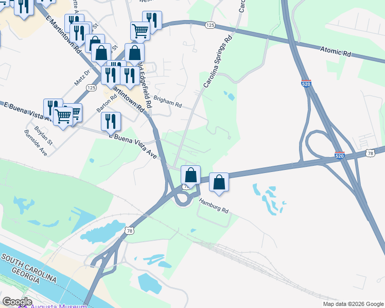 map of restaurants, bars, coffee shops, grocery stores, and more near 415 Carolina Springs Road in North Augusta