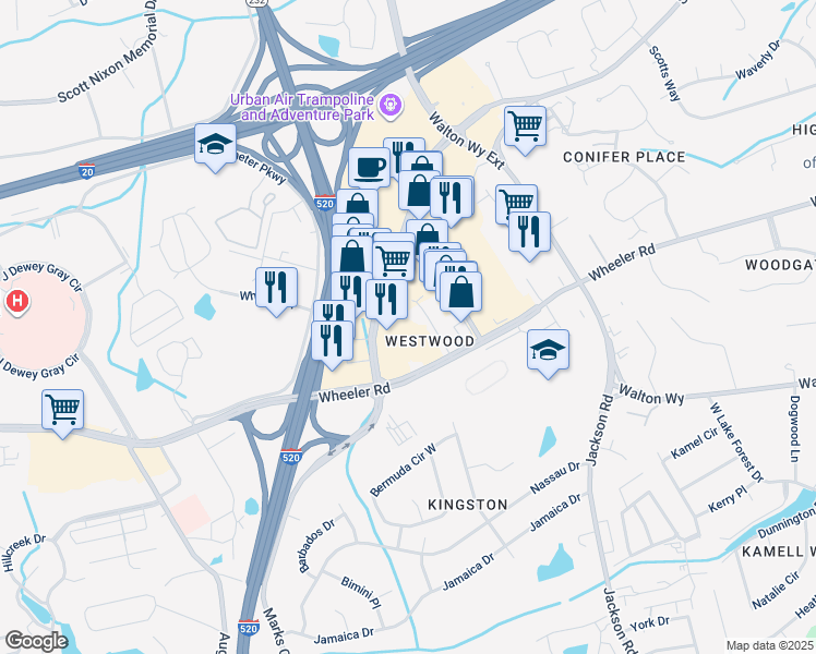 map of restaurants, bars, coffee shops, grocery stores, and more near 3551 Wheeler Road in Augusta