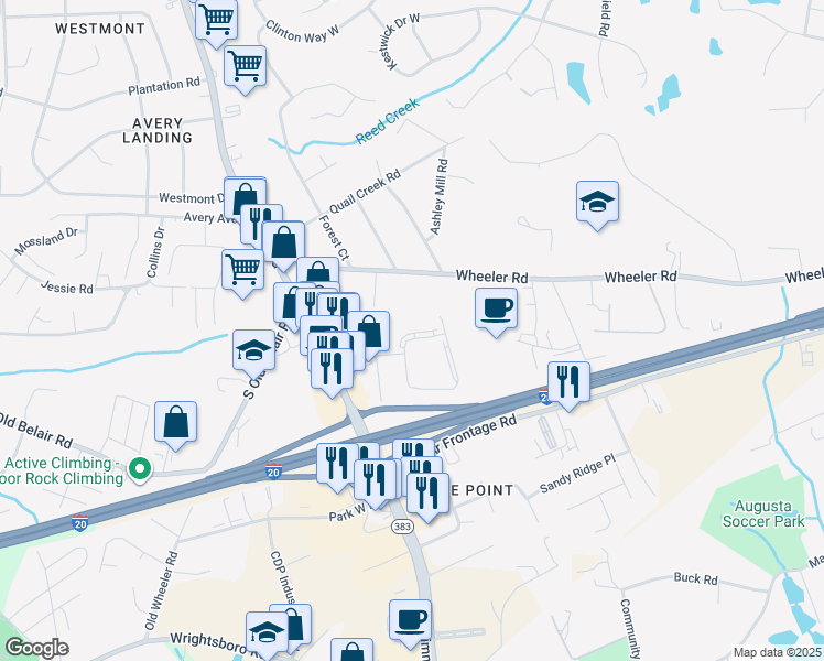 map of restaurants, bars, coffee shops, grocery stores, and more near 409 Ridge Crossing in Augusta