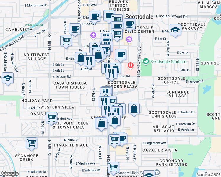 map of restaurants, bars, coffee shops, grocery stores, and more near 3311 North Scottsdale Road in Scottsdale