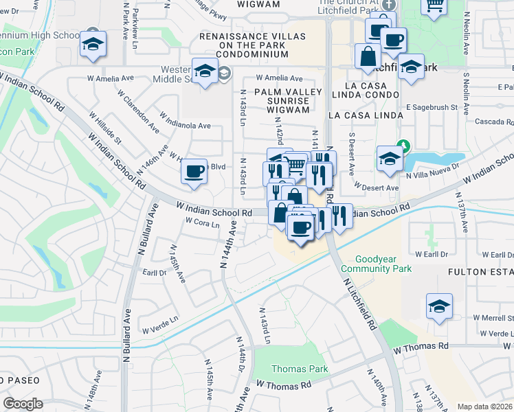 map of restaurants, bars, coffee shops, grocery stores, and more near 14309 West Mitchell Drive in Goodyear