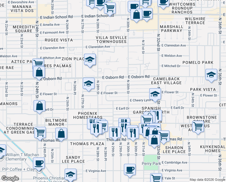 map of restaurants, bars, coffee shops, grocery stores, and more near 2848 East Flower Street in Phoenix