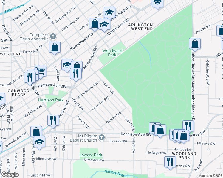 map of restaurants, bars, coffee shops, grocery stores, and more near 1145 14th Place Southwest in Birmingham