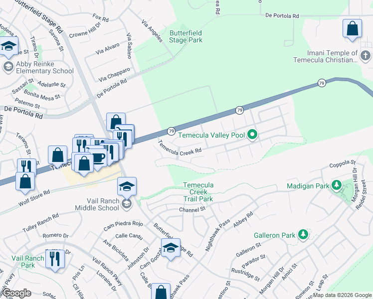 map of restaurants, bars, coffee shops, grocery stores, and more near 33653 Pebble Brook Circle in Temecula