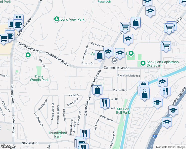 map of restaurants, bars, coffee shops, grocery stores, and more near 32791 Del Obispo Street in Dana Point