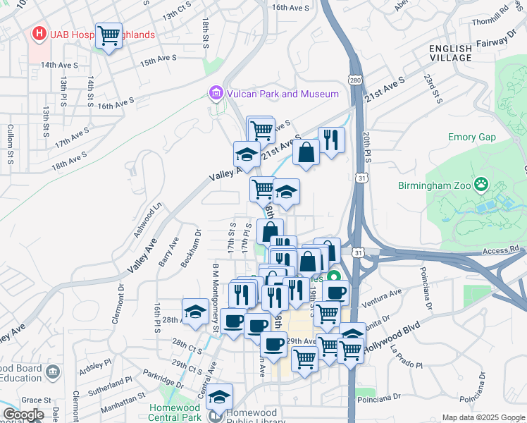 map of restaurants, bars, coffee shops, grocery stores, and more near 1714 25th Court South in Birmingham