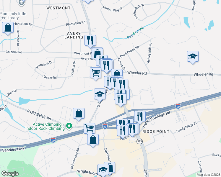 map of restaurants, bars, coffee shops, grocery stores, and more near 715 S Old Belair Rd in Grovetown