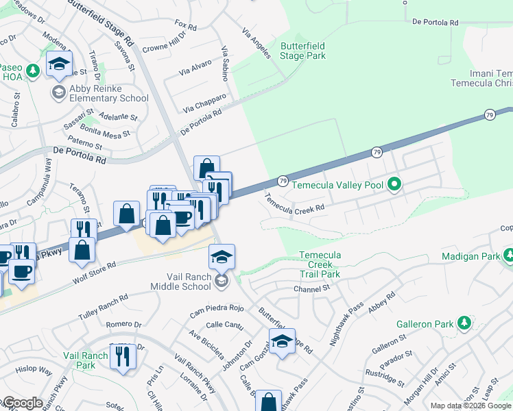 map of restaurants, bars, coffee shops, grocery stores, and more near 43883 Brookhaven Court in Temecula