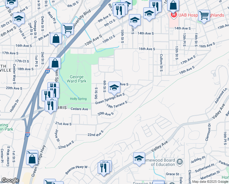 map of restaurants, bars, coffee shops, grocery stores, and more near 625 Green Springs Avenue South in Birmingham