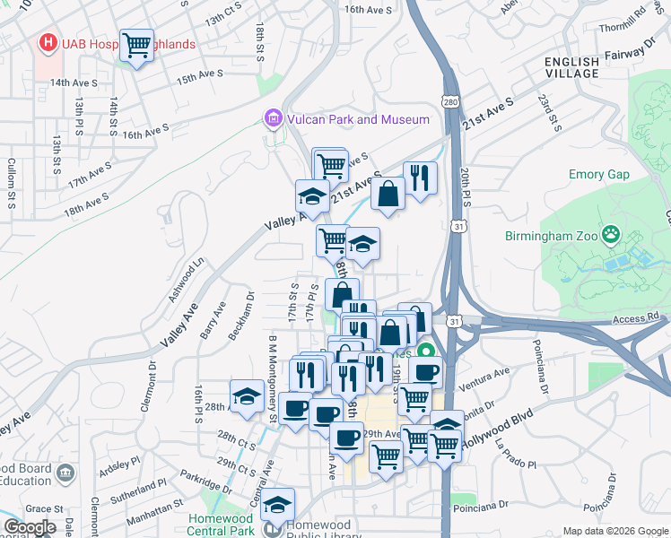 map of restaurants, bars, coffee shops, grocery stores, and more near 1714 25th Court South in Birmingham