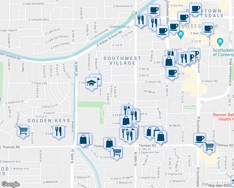 map of restaurants, bars, coffee shops, grocery stores, and more near 3301 North 66th Place in Scottsdale
