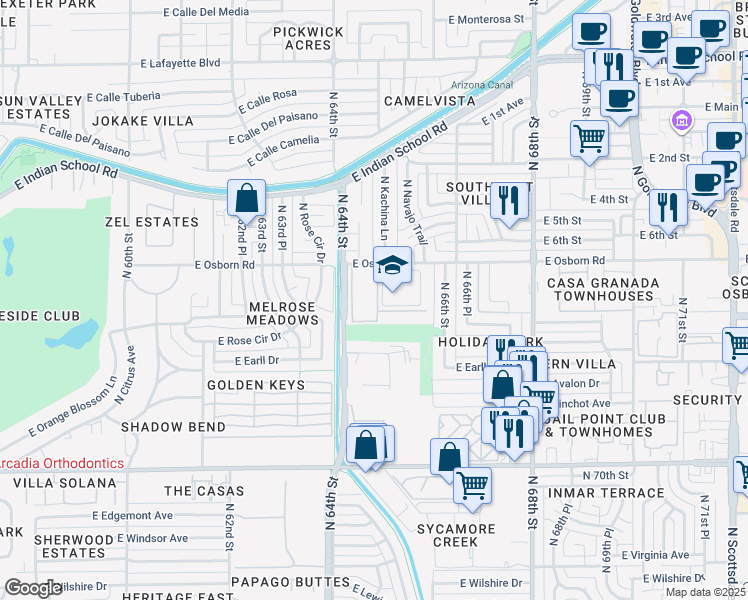 map of restaurants, bars, coffee shops, grocery stores, and more near 3493-3501 North 75th Place in Scottsdale
