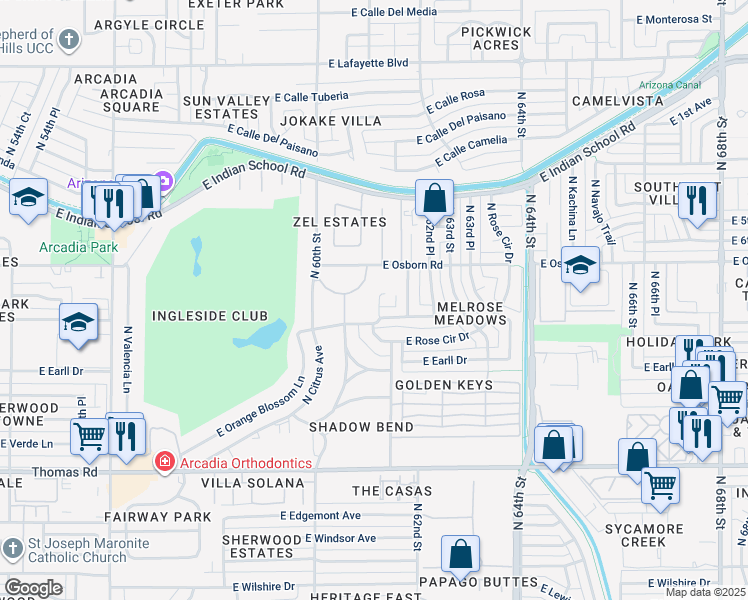 map of restaurants, bars, coffee shops, grocery stores, and more near 3314 North 61st Place in Scottsdale