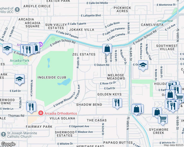 map of restaurants, bars, coffee shops, grocery stores, and more near 3314 North 61st Place in Scottsdale