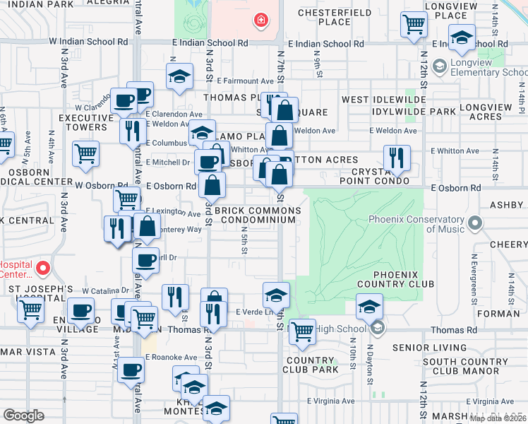 map of restaurants, bars, coffee shops, grocery stores, and more near 3302 East Flower Street in Phoenix
