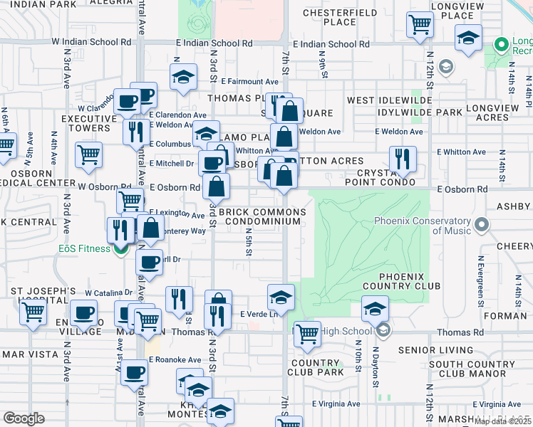 map of restaurants, bars, coffee shops, grocery stores, and more near 3302 East Flower Street in Phoenix