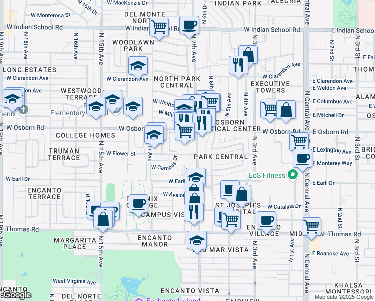 map of restaurants, bars, coffee shops, grocery stores, and more near 3300 North 7th Avenue in Phoenix