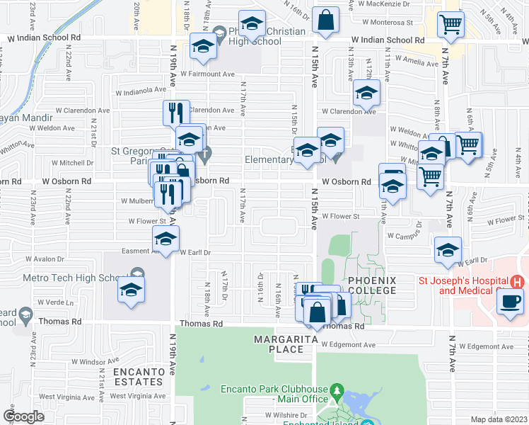 map of restaurants, bars, coffee shops, grocery stores, and more near 1626 West Flower Circle South in Phoenix