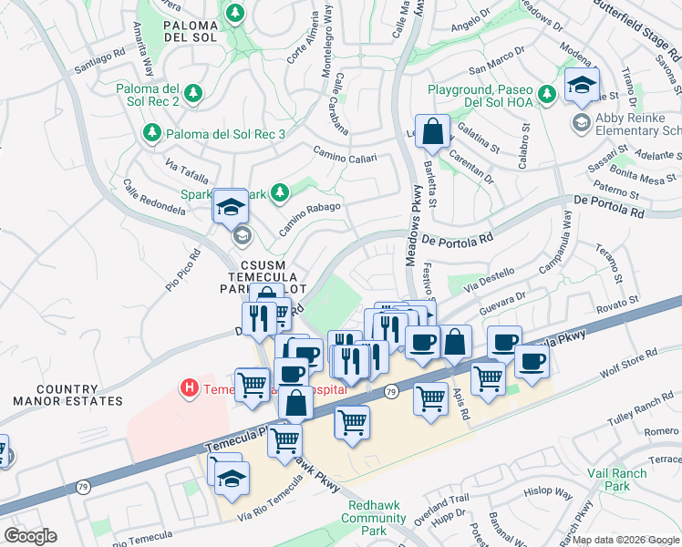 map of restaurants, bars, coffee shops, grocery stores, and more near 32105 De Portola Road in Temecula