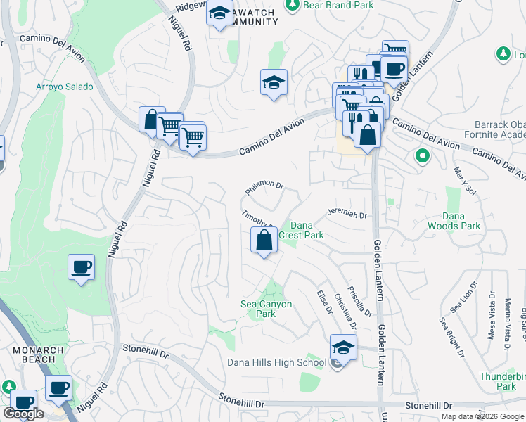 map of restaurants, bars, coffee shops, grocery stores, and more near 24331 Timothy Drive in Dana Point