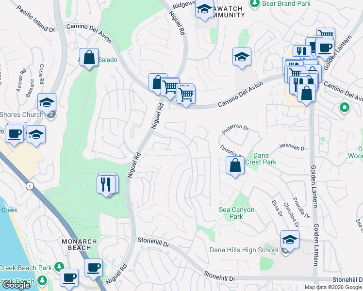 map of restaurants, bars, coffee shops, grocery stores, and more near 17 Marquesa in Dana Point