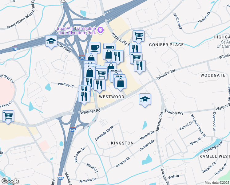 map of restaurants, bars, coffee shops, grocery stores, and more near 4010 Wheeler Woods Road in Augusta
