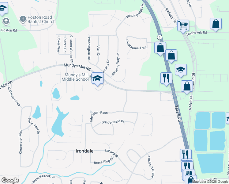 map of restaurants, bars, coffee shops, grocery stores, and more near 1325 Mundys Mill Road in Jonesboro