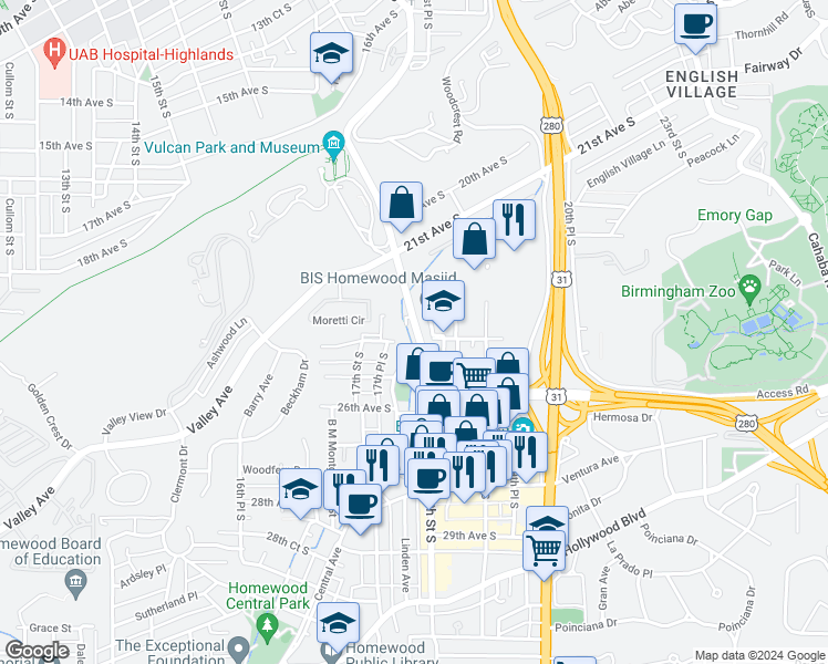 map of restaurants, bars, coffee shops, grocery stores, and more near 1714 25th Court South in Birmingham