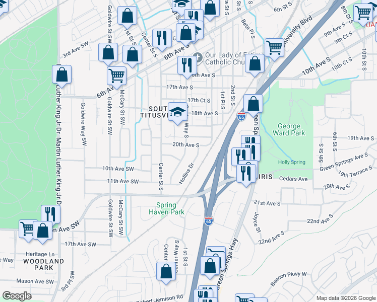 map of restaurants, bars, coffee shops, grocery stores, and more near 2006 Center Way South in Birmingham