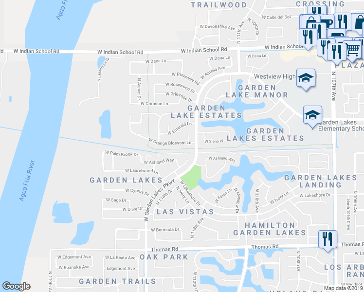 map of restaurants, bars, coffee shops, grocery stores, and more near 11317 West Orange Blossom Lane in Avondale