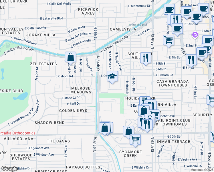 map of restaurants, bars, coffee shops, grocery stores, and more near 3493-3501 North 75th Place in Scottsdale