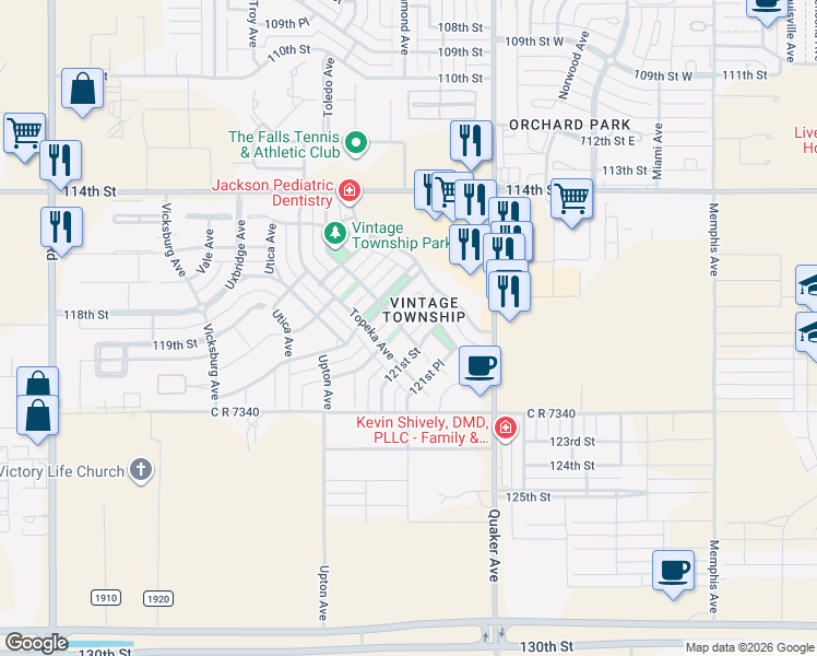 map of restaurants, bars, coffee shops, grocery stores, and more near 4702 121st Street in Lubbock