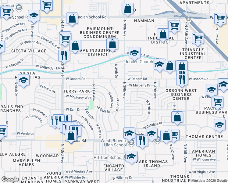 map of restaurants, bars, coffee shops, grocery stores, and more near 3308 North 39th Drive in Phoenix