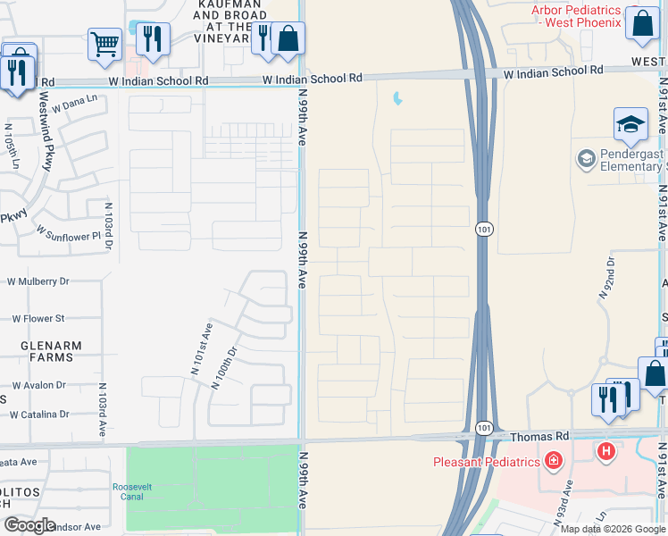 map of restaurants, bars, coffee shops, grocery stores, and more near 3301 North 99th Avenue in Phoenix
