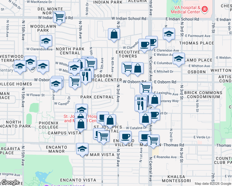 map of restaurants, bars, coffee shops, grocery stores, and more near 3300 North 3rd Avenue in Phoenix