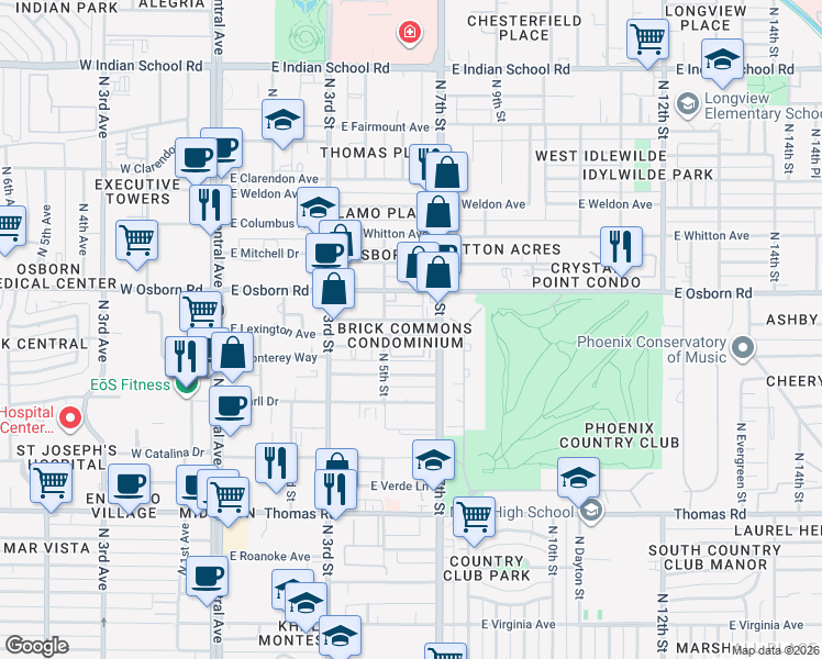 map of restaurants, bars, coffee shops, grocery stores, and more near 3302 East Flower Street in Phoenix