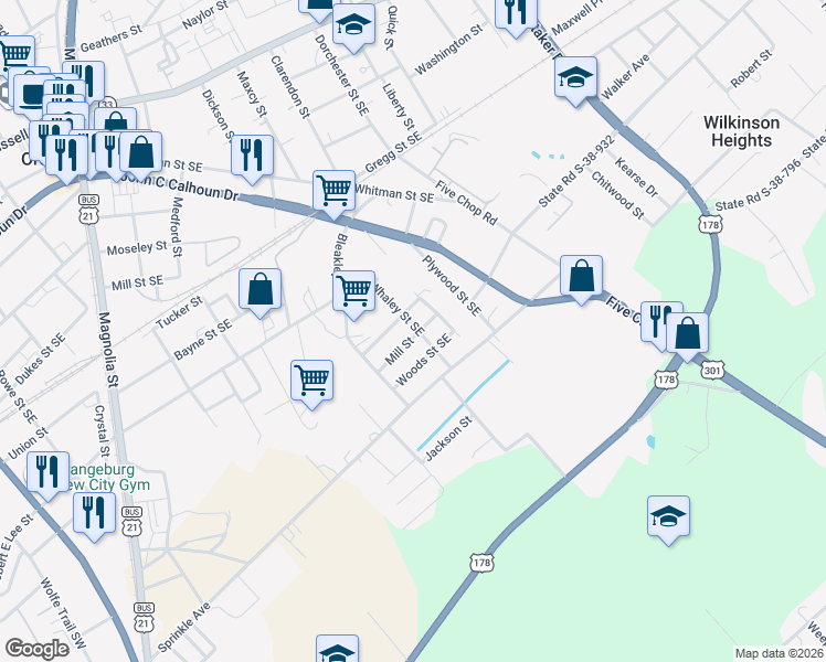 map of restaurants, bars, coffee shops, grocery stores, and more near 1 Whaley Street Southeast in Orangeburg