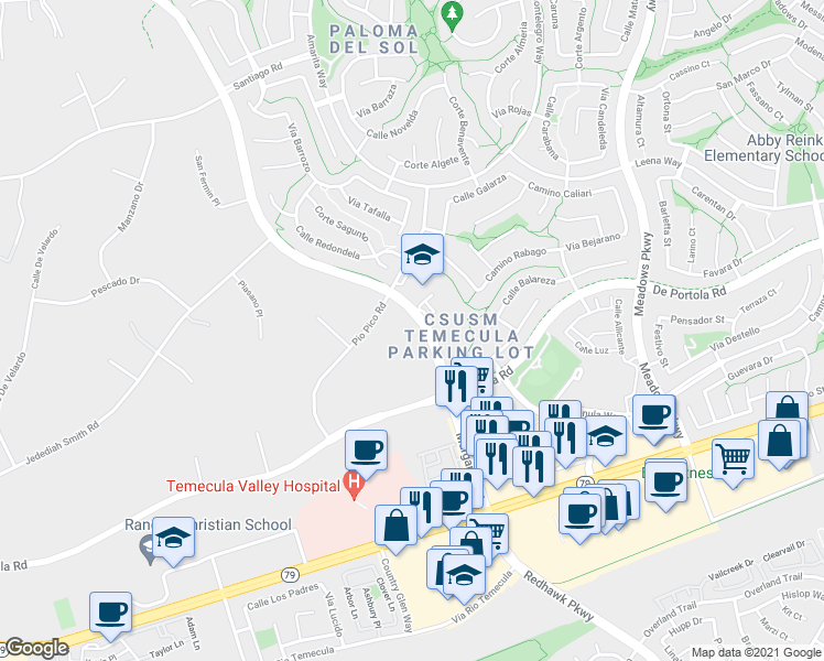 map of restaurants, bars, coffee shops, grocery stores, and more near 43905 Margarita Road in Temecula