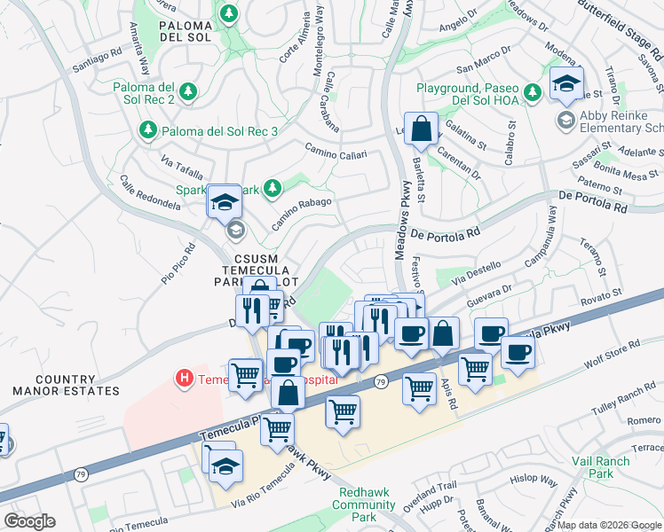 map of restaurants, bars, coffee shops, grocery stores, and more near 32105 De Portola Road in Temecula
