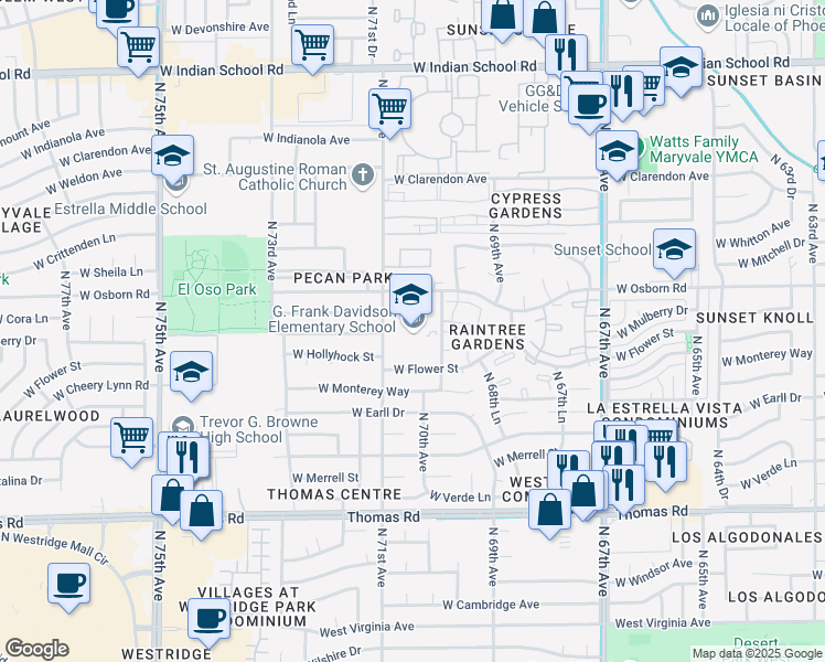 map of restaurants, bars, coffee shops, grocery stores, and more near 6935 West Osborn Road in Phoenix