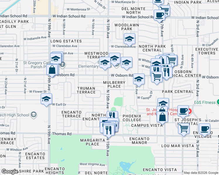 map of restaurants, bars, coffee shops, grocery stores, and more near 1334 West Flower Street in Phoenix