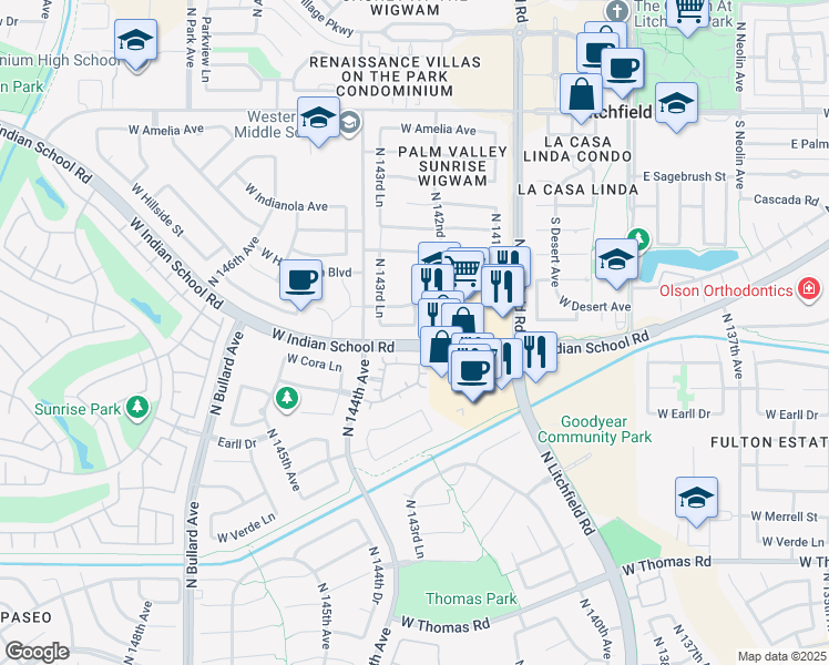 map of restaurants, bars, coffee shops, grocery stores, and more near 14309 West Mitchell Drive in Goodyear