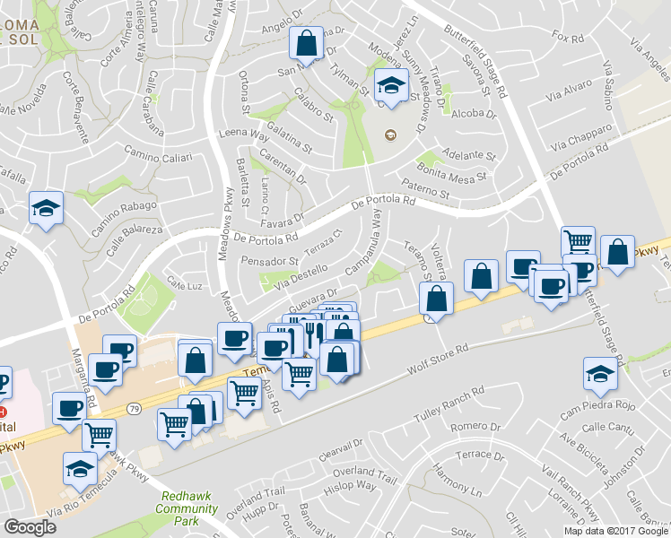 map of restaurants, bars, coffee shops, grocery stores, and more near 32515 Via Destello in Temecula