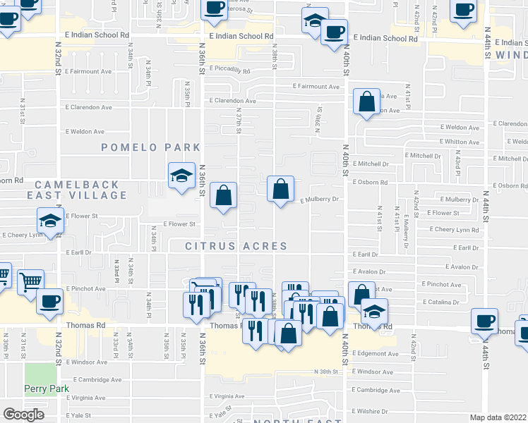 map of restaurants, bars, coffee shops, grocery stores, and more near 3212 North 38th Street in Phoenix