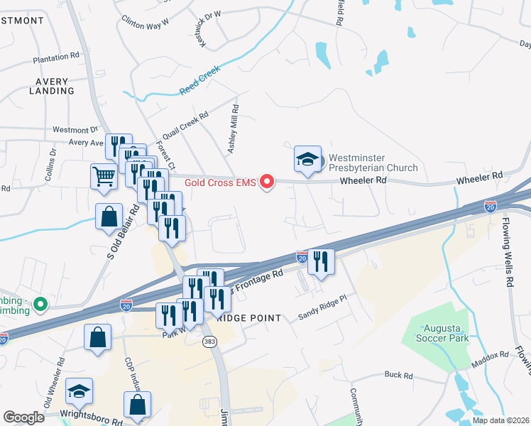 map of restaurants, bars, coffee shops, grocery stores, and more near 4350 Wheeler Rd in Augusta