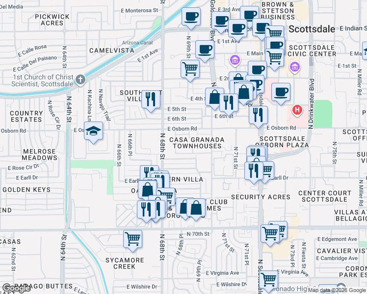 map of restaurants, bars, coffee shops, grocery stores, and more near 6861 East Osborn Road in Scottsdale