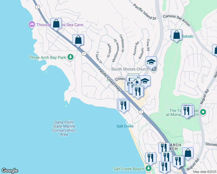 map of restaurants, bars, coffee shops, grocery stores, and more near Monarch Bay Drive in Dana Point