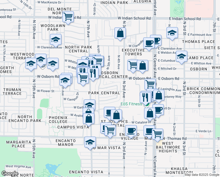 map of restaurants, bars, coffee shops, grocery stores, and more near 414 West Flower Street in Phoenix