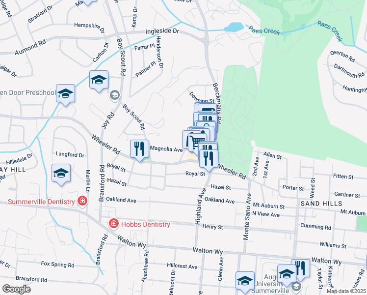 map of restaurants, bars, coffee shops, grocery stores, and more near 510 Downing Street in Augusta
