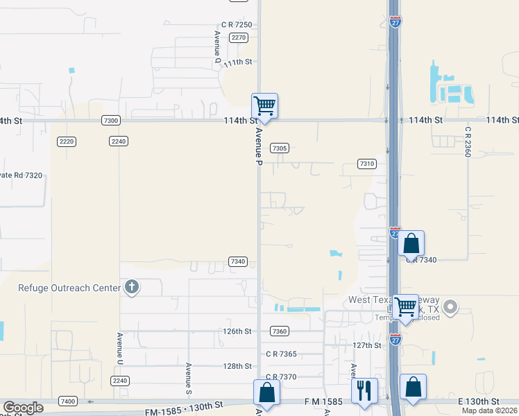 map of restaurants, bars, coffee shops, grocery stores, and more near County Road 2300 in Lubbock